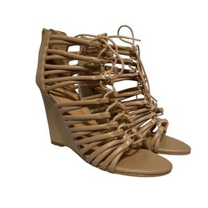 Express nude faux leather lace up zip back wedges